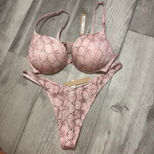 NWT Skims Ultimate PushUp Plunge Bra Rose Pastel Snake Print 36C Dipped Thong XL